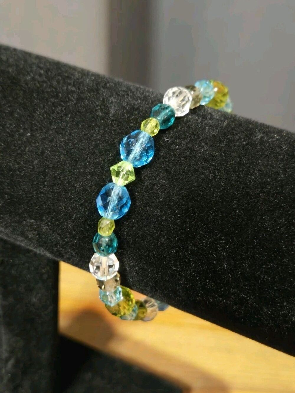 Crystal Glass Bead Bracelet W/ Silver Clasp, Clear Green & Blue